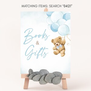 Signe de livres et de cadeaux de baby shower de ballon d&#39;ours de garçon, signe de cadeaux de baby shower de We can Bearly Wait, signe bleu de signe de table de cadeau d&#39;ours en peluche modèle 0421