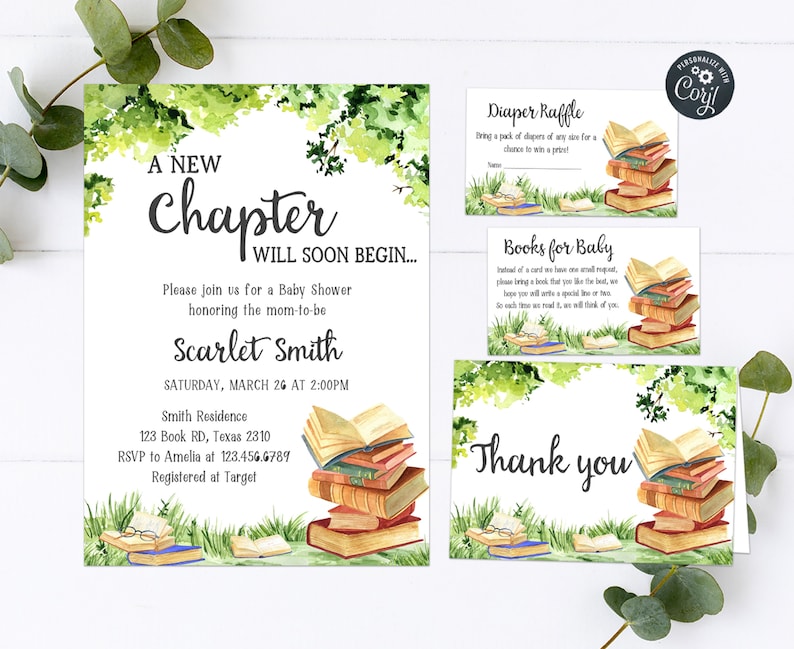 Editable Storybook Baby Shower Invitation Set, Chapter Book Baby Shower Invite Pack, Gender Neutral Storybook Printable Invite Template 0186 image 1