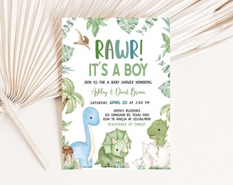 Bearbeitbare Dinosaurier-Babyparty-Einladung, Dino-Babyparty-Einladung, Jungen-Dinosaurier-Babyparty-Einladung, Es ist eine Jungen-Dinosaurier-Einladung, 0661