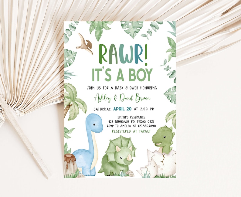 Bearbeitbare Dinosaurier-Babyparty-Einladung, Dino-Babyparty-Einladung, Jungen-Dinosaurier-Babyparty-Einladung, Es ist eine Jungen-Dinosaurier-Einladung, 0661 Bild 1