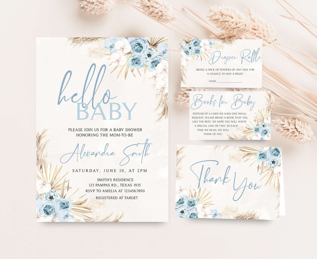 Editable Blue Floral Boho Baby Shower Invitation Bundle, Boy Pampas ...