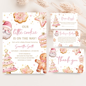 Editable Girl Christmas Cookie Baby Shower Invitation Bundle, Pink Gingerbread Baby Shower Invite Set, Pink A Little Cookie Baby Shower 0574 image 1