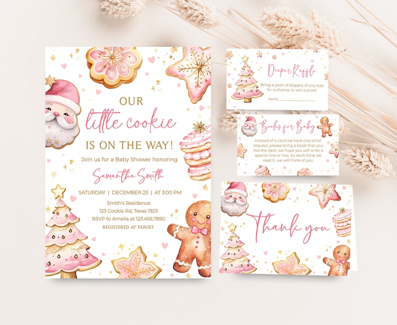 Editable Girl Christmas Cookie Baby Shower Invitation Bundle, Pink Gingerbread Baby Shower Invite Set, Pink A Little Cookie Baby Shower 0574 image 1