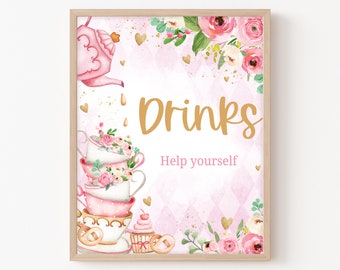 Tea Party Baby Shower Drink Sign, A Baby is Brewing Baby Shower Drinks Table Sign, Pink Floral Tea Party Baby Shower Decoration Signs, 0279