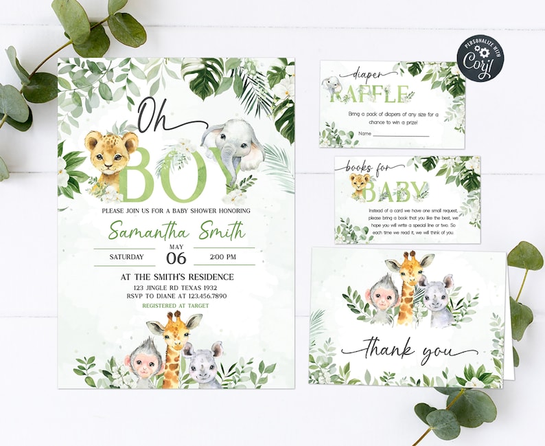 May include: A green and white baby shower invitation with a jungle theme. The invitation features a lion, elephant, giraffe, monkey, and rhinoceros. The text on the invitation reads "Oh Boy!" and includes the date, time, and location of the shower. The invitation also includes a diaper raffle and a books for baby request.