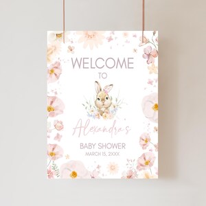 Editable Pink Floral Bunny Baby Shower Welcome Sign, Girl Somebunny Baby Shower Welcome Poster, It&#39;s a Girl Floral Rabbit Baby Shower, 01008
