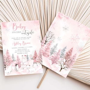 Bewerkbare meisje pooldieren baby shower uitnodiging bundel, roze winter baby shower uitnodiging set, roze baby het is koud buiten baby shower 0568 afbeelding 2