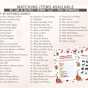 May include: A list of editable baby shower games with titles like "How Big is Mommy's Belly?" and "Baby Trivia." The image also includes two printable game sheets with Christmas-themed illustrations and the text "Children's Book Emoji Pictionary" and "Who is my mama?"
