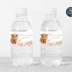 Editable Boho Highland Cow Baby Shower Bottle Label, Pink Holy Cow Baby Shower Water Label, Girl Highland Cow Boho Bottle Stickers, 0509 image 4