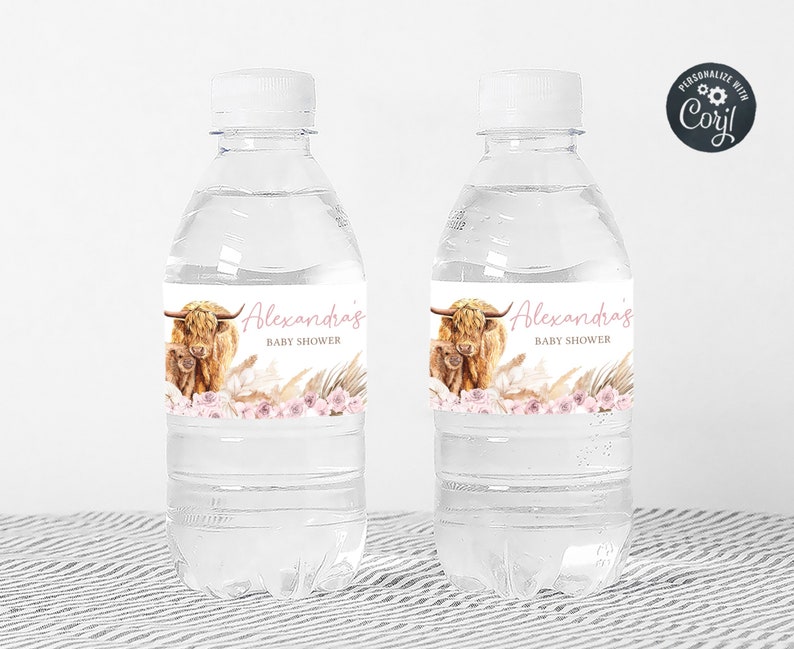 Editable Boho Highland Cow Baby Shower Bottle Label, Pink Holy Cow Baby Shower Water Label, Girl Highland Cow Boho Bottle Stickers, 0509 image 4