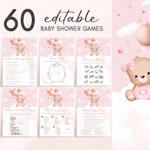 Editable We Can Bearly Wait Baby Shower Games Bundle, Pink Bear Baby Shower Game Pack, Bear Balloon Baby Shower Game, Girl Baby Shower 01105