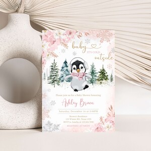 Editable Winter Penguin Baby Shower Invitation Bundle, Girl Penguin Baby Shower Invite Set, Pink Baby It's Cold Outside Baby Shower, 0557 image 3