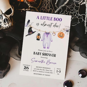 Editable A Little Boo is Almost Due Baby Shower Invitation, Girl Spooky Fall Baby Shower Invite, Purple Halloween Baby Shower Invite, 0920