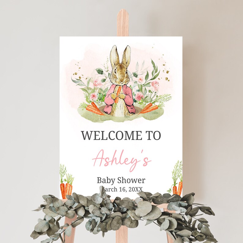 Editable Pink Peter Rabbit Baby Shower Welcome Sign, Peter Rabbit Girl Baby Shower Welcome Poster, A Little Bunny Spring Baby Shower, 0626 image 1