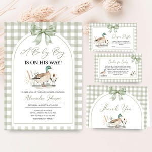 Editable Duck Baby Shower Invitation Bundle, Mallard Baby Shower Invite, Green Gingham Mallard Duck Invite Set, Hunting Baby Shower, 01113