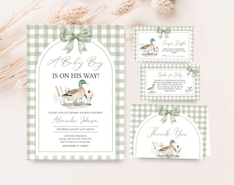 Editable Duck Baby Shower Invitation Bundle, Mallard Baby Shower Invite, Green Gingham Mallard Duck Invite Set, Hunting Baby Shower, 01113