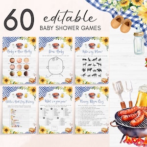 Editable Sunflower Blue Baby-Q Baby Shower Games Bundle, Boy BBQ Baby Shower Game Pack, Floral Backyard Gingham Picnic Baby Shower Game 0819