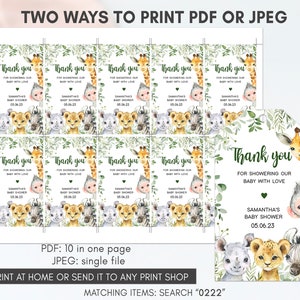May include: Ten printable thank you tags featuring a jungle animal theme. The tags feature a giraffe, lion, zebra, monkey, and rhinoceros. The text on the tags reads "Thank you for showering our baby with love." and includes the baby shower date. The tags are designed for a baby shower.
