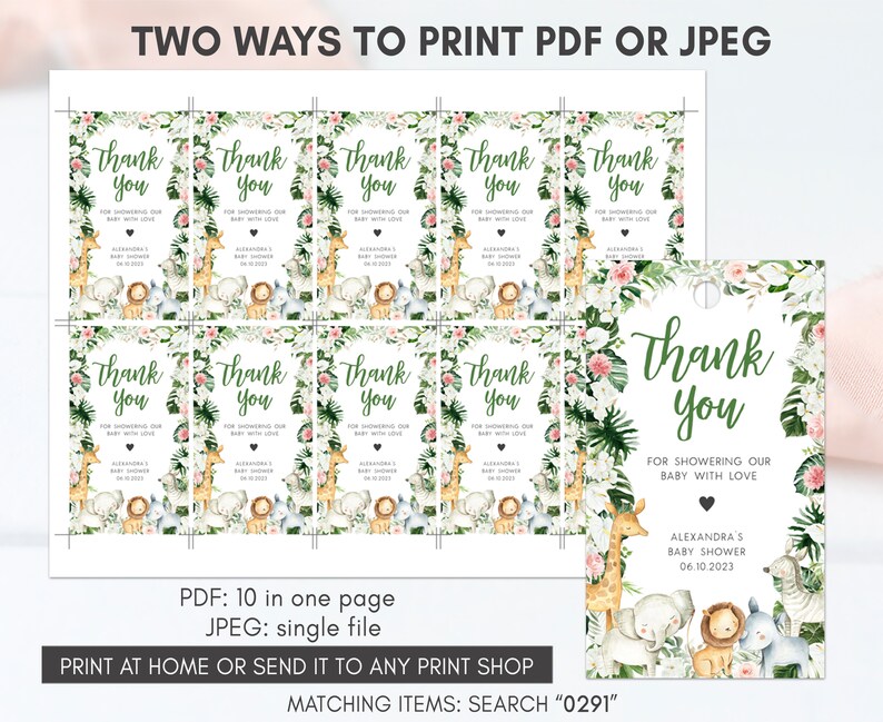 Editable Greenery Safari Baby Shower Favor Tags, Floral Jungle Baby Shower Gift Tag, Safari Animals Wild One Baby Shower Thank You Tag, 0291 image 3