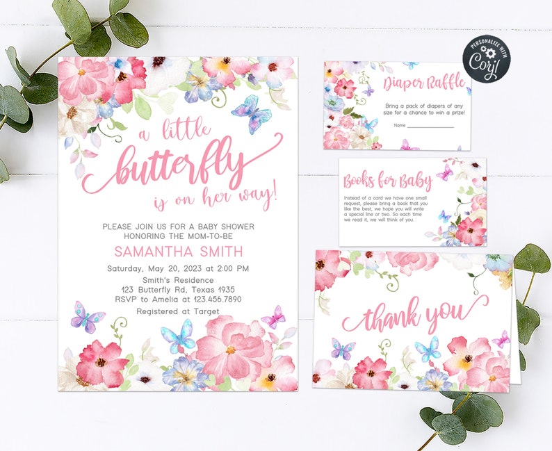 May include: A baby shower invitation with a watercolor floral design. The invitation reads "a little butterfly is on her way!" and includes the name Samantha Smith, the date and time of the shower, and the location. The invitation also includes information about RSVP and gift registry.