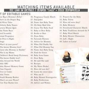 May include: Baby shower game printables with a list of editable games, including "How Big is Mommy's Belly?" and "Baby Trivia." The image also features two game sheets with illustrations and text, and the text "MATCHING ITEMS AVAILABLE".