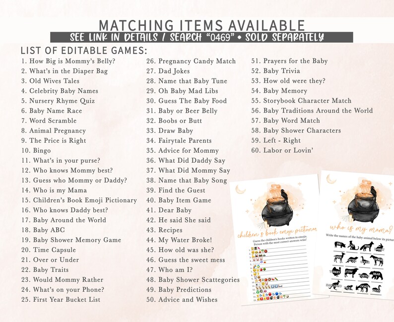 May include: Baby shower game printables with a list of editable games, including "How Big is Mommy's Belly?" and "Baby Trivia." The image also features two game sheets with illustrations and text, and the text "MATCHING ITEMS AVAILABLE".