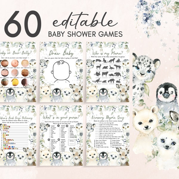 Editable Arctic Animals Baby Shower Games Bundle Winter Baby Shower Game Pack Greenery Wild One Games Gender Neutral Printable Template 0218