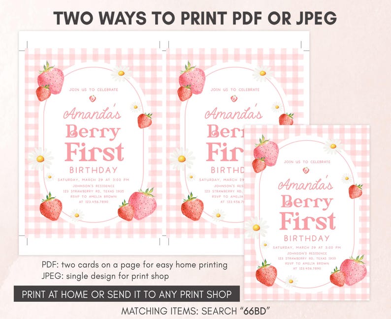 two strawberry first birthday party printables