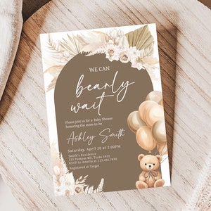 Bearbeitbare Bären-Ballons-Babyparty-Einladung, wir können Bären kleiden Boho-Babyparty-Einladung, Braun-Teddybär-Babyparty-Einladung, 0694 Bild 1