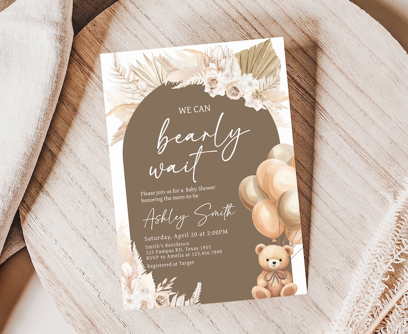 Bearbeitbare Bären-Ballons-Babyparty-Einladung, wir können Bären kleiden Boho-Babyparty-Einladung, Braun-Teddybär-Babyparty-Einladung, 0694 Bild 1