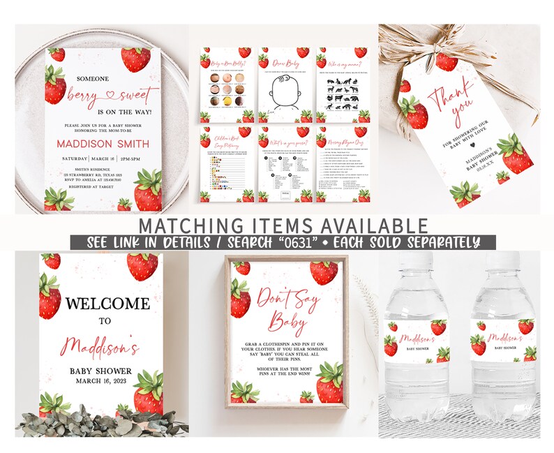 May include: A set of printable baby shower decorations featuring a strawberry theme. The set includes a welcome sign, a don't say baby game, a water bottle label, and a thank you tag. The decorations are in pink, red, and green.
