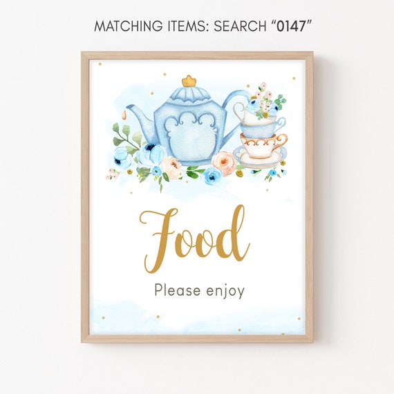 Tea Party Baby Shower Food Sign, Floral Blue Gold Tea Baby Shower - Main Image