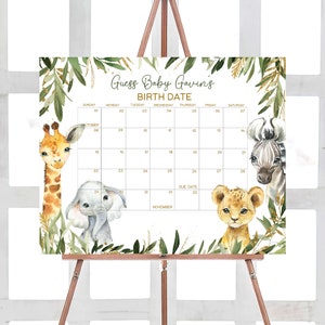 Bearbeitbar Ein kleiner wilder Safari-Babyparty-Fälligkeitskalender, Greenery-Dschungel-Babypartykalender, Safari-Tiere-Babypartyspiel, 0499
