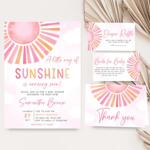Editable Sunshine Baby Shower Invitation Bundle, Girl Sun Baby Shower Invite Set, Boho Sun Baby Shower, A Little Ray of Sunshine Invite 0836