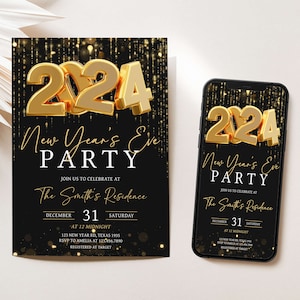 Bearbeitbare Silvesterparty-Einladung, Silvester einladen, 2024 Neujahrsparty Evite, Gold Glitter Neujahrsparty-Einladung, NY1