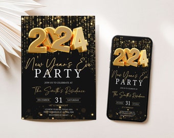Editable New Years Eve Party Invitation, New Year's Eve Invite, 2024 New Year Party Evite, Gold Glitter New Year Party Invitation, NY1