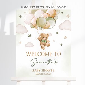 Editable Gender Neutral Bear Baby Shower Welcome Sign, We Can Bearly Wait Baby Shower Welcome Poster, Green Bear Balloons Baby Shower, 0604 image 3