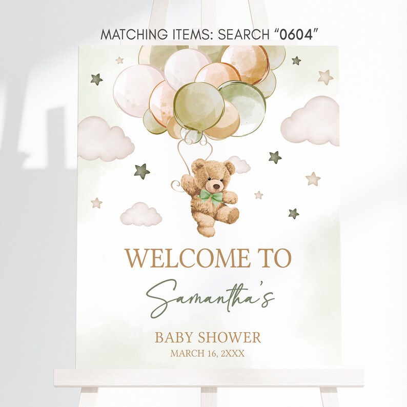 Editable Gender Neutral Bear Baby Shower Welcome Sign, We Can Bearly Wait Baby Shower Welcome Poster, Green Bear Balloons Baby Shower, 0604 image 3