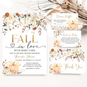 Editable Fall in Love Baby Shower Invitation Bundle, Autumn Floral Pumpkin Baby Shower Invite, Falling in Love Baby Shower Invite Set, 01130