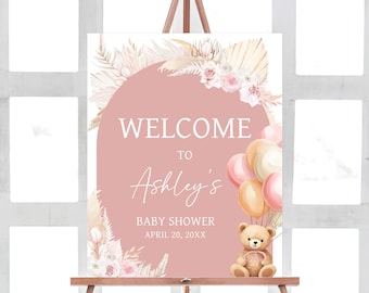 Editable Pink Bear Balloon Baby Shower Welcome Sign, Girl Boho Bear Baby Shower Welcome Poster, We Can Bearly Wait Baby Shower Sign, 0692