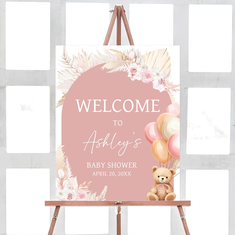 Editable Pink Bear Balloon Baby Shower Welcome Sign, Girl Boho Bear Baby Shower Welcome Poster, We Can Bearly Wait Baby Shower Sign, 0692 image 1