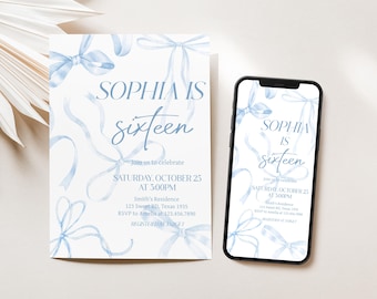 Editable Blue Bow Girl Birthday Invitation, Minimalist Bow Party Invitation, Bow 16th Birthday Invite, Blue Coquette Birthday Invite, 111BD