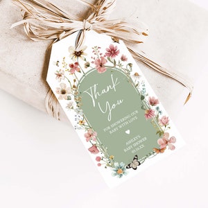 Editable Baby in Bloom Baby Shower Favor Tag, Boho Sage Green Wildflower Baby Shower Gift Tag, Gender Neutral Baby Shower Thank You Tag 0676 image 3