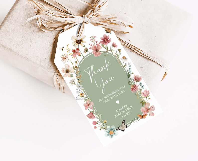 Editable Baby in Bloom Baby Shower Favor Tag, Boho Sage Green Wildflower Baby Shower Gift Tag, Gender Neutral Baby Shower Thank You Tag 0676 image 3