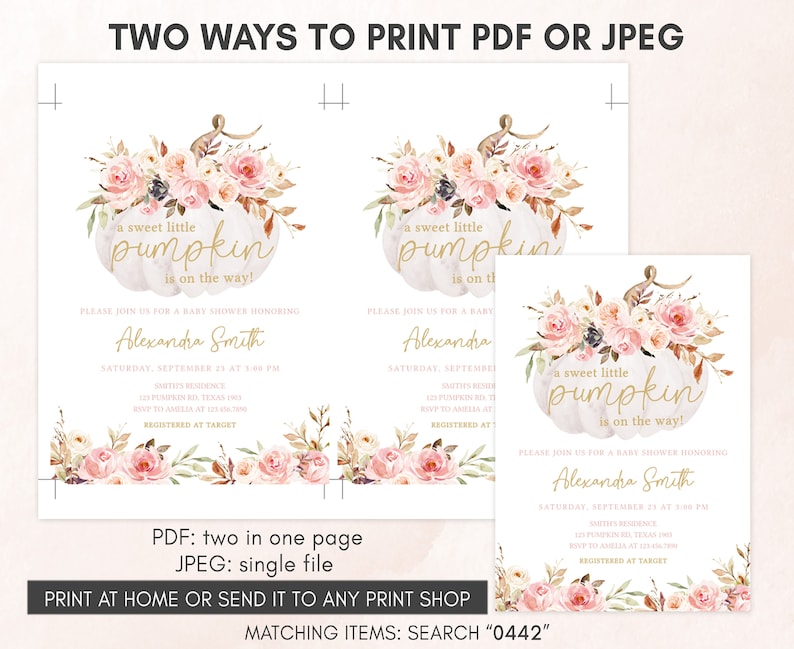 Editable Pink Floral Pumpkin Baby Shower Invitation, Girl Fall Baby Shower Invite, Floral Fall Autumn Baby Shower Invitation Template 0442 image 4