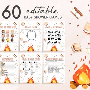 Editable S'more Baby Shower Games Bundle, Fall Bonfire Baby Shower Game Pack, Rustic Autumn Smores Camping Baby Shower Games Template 0354