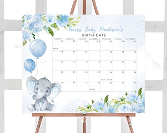 Elephant Baby Shower Calendar, Blue Balloon Baby Shower Due Date Game, Baby Boy Elephant Birthday Predictions Safari Printable Template 0231