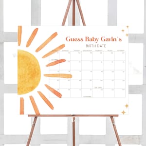 Bearbeitbarer Sonnenschein-Babyparty-Fälligkeitsdatumskalender, hier kommt der Sohn-Babypartykalender, Retro-Sonne-Babyparty, Junge Boho-Sonnenschein-Spiel 0640