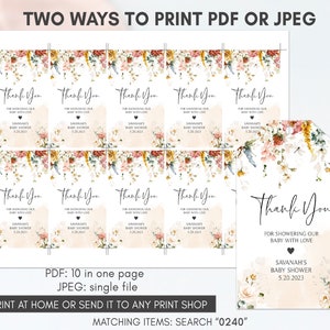Puede incluir: Etiquetas de agradecimiento imprimibles para un baby shower. Las etiquetas presentan un dise&ntilde;o floral con flores rosas, amarillas y azules. El texto en las etiquetas dice "Gracias por consentir a nuestro beb&eacute; con amor." y "Baby shower de Savannah 5.20.2023".