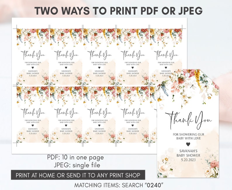 Puede incluir: Etiquetas de agradecimiento imprimibles para un baby shower. Las etiquetas presentan un dise&ntilde;o floral con flores rosas, amarillas y azules. El texto en las etiquetas dice "Gracias por consentir a nuestro beb&eacute; con amor." y "Baby shower de Savannah 5.20.2023".